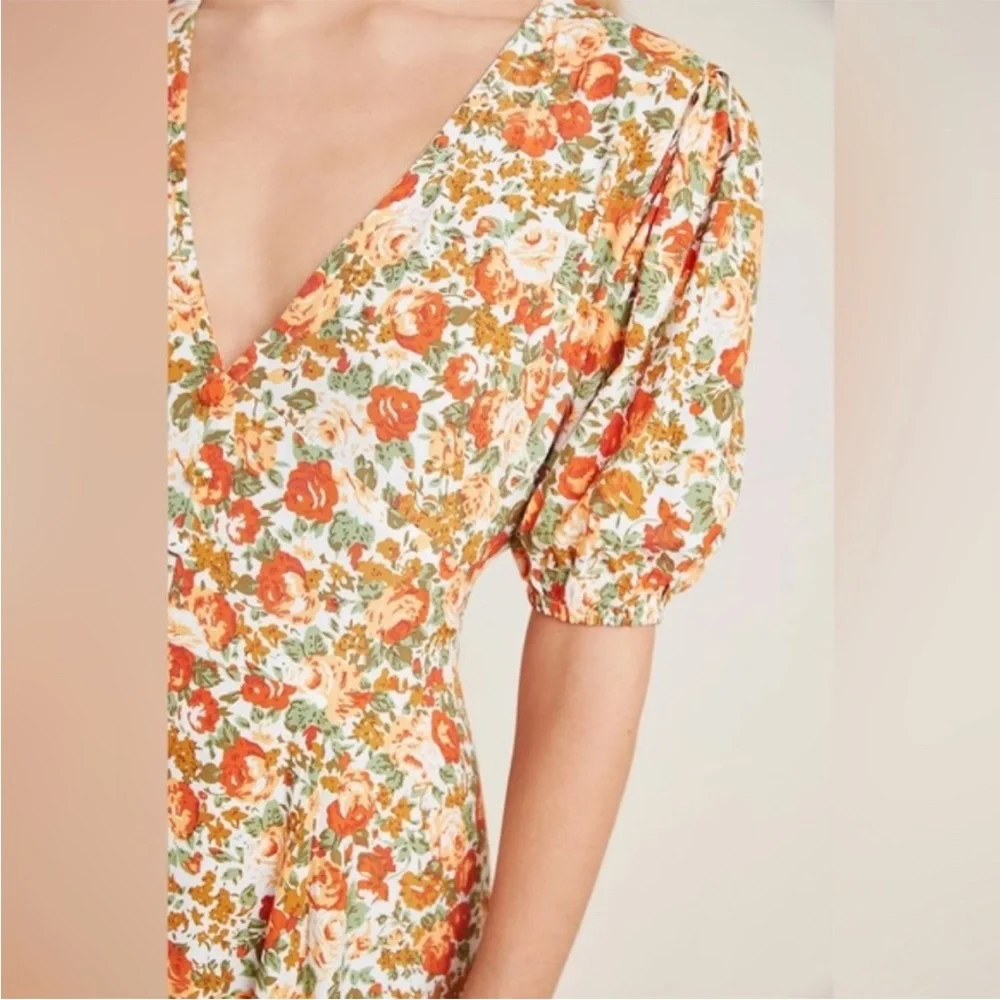 Faithfull the Brand‎ Anthropologie Delia Midi Dress in Floral Le Rose Apricot 6